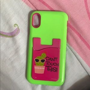 iPhone XR case neon green and pink.